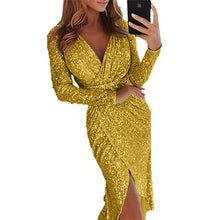 Load image into Gallery viewer, Sequined V-Neck Long-Sleeved High-Rise Slim Dress Sexy Women Formal Dress Solid Stitching Tassel Elegant Ladies Pencil Dress New