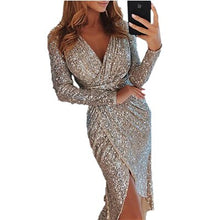 Load image into Gallery viewer, Sequined V-Neck Long-Sleeved High-Rise Slim Dress Sexy Women Formal Dress Solid Stitching Tassel Elegant Ladies Pencil Dress New