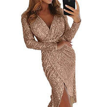 Load image into Gallery viewer, Sequined V-Neck Long-Sleeved High-Rise Slim Dress Sexy Women Formal Dress Solid Stitching Tassel Elegant Ladies Pencil Dress New
