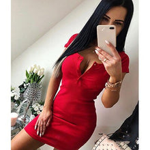 Load image into Gallery viewer, Short Sleeve Sexy O-neck Button Sheath Dress Casual Solid Slim Bodycon Party Dresses Summer Lady Elegant Club Sheath Mini Dress