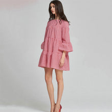 Load image into Gallery viewer, Red Plaid Flare Sleeves O-Neck Dress Cotton Loose Seven-Point Sleeved Head Dress A-Line Chiffon Spring Fashion Ladies Dresses