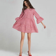 Load image into Gallery viewer, Red Plaid Flare Sleeves O-Neck Dress Cotton Loose Seven-Point Sleeved Head Dress A-Line Chiffon Spring Fashion Ladies Dresses