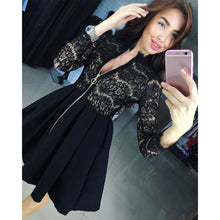 Load image into Gallery viewer, Lace A-Line Zipper Empire Dress Women Petal Sleeve Stand Collar Elegant Temperate Ladies Party Dress Black Knee-Length Dress