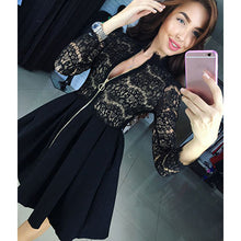 Load image into Gallery viewer, Lace A-Line Zipper Empire Dress Women Petal Sleeve Stand Collar Elegant Temperate Ladies Party Dress Black Knee-Length Dress