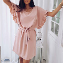 Load image into Gallery viewer, Batwing Sleeve Ruffles Sashes Mini Dress Casual Loose Solid O-neck Soft Dresses Fashion Ladies Dress Plus Size Elegant 2019 New