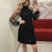 Load image into Gallery viewer, A-Line Pearl Beading Mesh Sleeve Dress Women Autumn O-Neck Long Sleeve Tunic Party Dresses Elegant Ladies Mini Lace Dress 2019