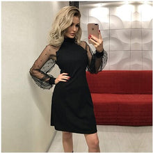 Load image into Gallery viewer, A-Line Pearl Beading Mesh Sleeve Dress Women Autumn O-Neck Long Sleeve Tunic Party Dresses Elegant Ladies Mini Lace Dress 2019