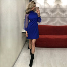 Load image into Gallery viewer, A-Line Pearl Beading Mesh Sleeve Dress Women Autumn O-Neck Long Sleeve Tunic Party Dresses Elegant Ladies Mini Lace Dress 2019
