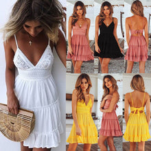 Load image into Gallery viewer, Summer Women Sexy White Lace Backless Spaghetti Strap Dress 2019 Casual V-neck Mini Beach Sundress Halter Bow Elegant Dresses