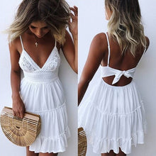 Load image into Gallery viewer, Summer Women Sexy White Lace Backless Spaghetti Strap Dress 2019 Casual V-neck Mini Beach Sundress Halter Bow Elegant Dresses