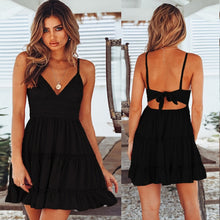 Load image into Gallery viewer, 2019 Casual Women Sexy White Lace Backless Spaghetti Strap Dress Summer V-neck Mini Beach Sundress Halter Bow Elegant Dresses