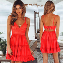 Load image into Gallery viewer, 2019 Casual Women Sexy White Lace Backless Spaghetti Strap Dress Summer V-neck Mini Beach Sundress Halter Bow Elegant Dresses