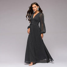 Load image into Gallery viewer, Polka Dot Printed Deep Sexy Dress Women V-Neck Chiffon Lantern Long-Sleeved Mid-Waist Party Dresses Vintage Elegant Spring New