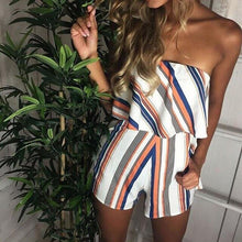 Load image into Gallery viewer, Women Strapless Playsuit Striped Rompers Ruffles Sleeve Jumpsuit 2019 Summer Backless Sexy Overall Casual Beach Short Pants