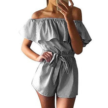 Load image into Gallery viewer, Women Strapless Playsuit Striped Rompers Ruffles Sleeve Jumpsuit 2019 Summer Backless Sexy Overall Casual Beach Short Pants