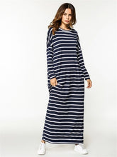 Load image into Gallery viewer, women casual loose striped straight Dress spring autumn 2019 long sleeve round neck Maxi long Dress Female T shirt basic Dress