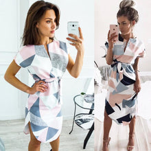 Load image into Gallery viewer, Geometric Print Dress Women V Neck Short Sleeve 2019 Woman Summer Dresses Casual Sashes Robe Midi Dress Ladies Elegant Vestidos
