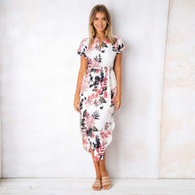 Load image into Gallery viewer, Geometric Print Dress Women V Neck Short Sleeve 2019 Woman Summer Dresses Casual Sashes Robe Midi Dress Ladies Elegant Vestidos