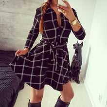 Load image into Gallery viewer, Spring Autumn Three Quarter Sleeve Dress Women Plaid Turn-down Collar Cotton Vestidos Casual Tunic Shirt Dresses Office Dress