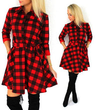 Load image into Gallery viewer, Spring Autumn Three Quarter Sleeve Dress Women Plaid Turn-down Collar Cotton Vestidos Casual Tunic Shirt Dresses Office Dress