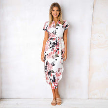 Load image into Gallery viewer, Summer Dress Women Print V Neck Short Sleeve Robe Female Dresses Casual Sashes Midi Dress 2019 Ladies Elegant Vestidos Dropship