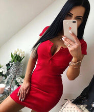 Load image into Gallery viewer, 2019 Summer Fall Ladies Sexy Dress Casual Knit Sheath Mini Dresses  Solid V Neck Chest Button Short Sleeve Bodycon Dress