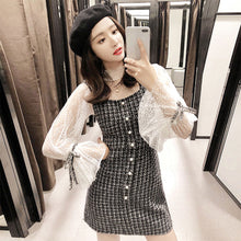 Load image into Gallery viewer, Two Pieces Set Mesh Plaid Dress Women Lantern Sleeve Spaghetti Strap Sexy Mini Party Dresses Ladies Fashion Elegant Dress Tops