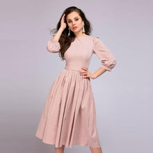 Load image into Gallery viewer, Dot Print Lantern Sleeve Belt A-line Dress Women Elegant O-neck Pink Slim Knee-length Dresses Fashion Ladies Party Dress New