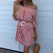 Load image into Gallery viewer, Striped Slash Neck Strapless Mini Dress Casual Half Sleeve Loose Sashes Dresses Summer Ladies Fashion Breathable Beach Dress New