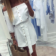 Load image into Gallery viewer, Striped Slash Neck Strapless Mini Dress Casual Half Sleeve Loose Sashes Dresses Summer Ladies Fashion Breathable Beach Dress New
