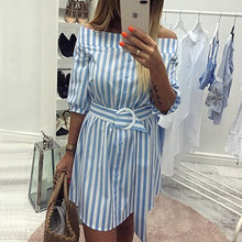 Load image into Gallery viewer, Striped Slash Neck Strapless Mini Dress Casual Half Sleeve Loose Sashes Dresses Summer Ladies Fashion Breathable Beach Dress New