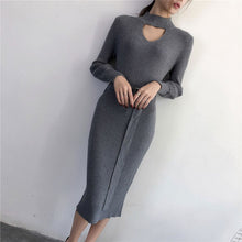 Load image into Gallery viewer, Women Knit Bottoming Dress Mid-long Lantern-sleeves Slim Womens V-neck Bodycon Dress With Sashes Female Solid Color Knit Dress