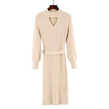 Load image into Gallery viewer, Women Knit Bottoming Dress Mid-long Lantern-sleeves Slim Womens V-neck Bodycon Dress With Sashes Female Solid Color Knit Dress