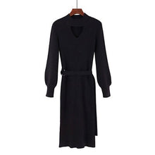 Load image into Gallery viewer, Women Knit Bottoming Dress Mid-long Lantern-sleeves Slim Womens V-neck Bodycon Dress With Sashes Female Solid Color Knit Dress