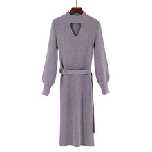Load image into Gallery viewer, Women Knit Bottoming Dress Mid-long Lantern-sleeves Slim Womens V-neck Bodycon Dress With Sashes Female Solid Color Knit Dress