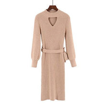 Load image into Gallery viewer, Women Knit Bottoming Dress Mid-long Lantern-sleeves Slim Womens V-neck Bodycon Dress With Sashes Female Solid Color Knit Dress