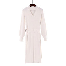 Load image into Gallery viewer, Women Knit Bottoming Dress Mid-long Lantern-sleeves Slim Womens V-neck Bodycon Dress With Sashes Female Solid Color Knit Dress