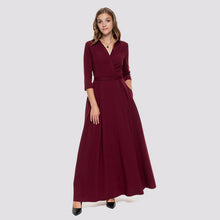 Load image into Gallery viewer, V-neck Floor-length A-line Dress Women Three Quarter Sleeve Elegant Red Slim Pleated Dresses Ladies Fashion Party Dress Vestidos