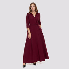 Load image into Gallery viewer, V-neck Floor-length A-line Dress Women Three Quarter Sleeve Elegant Red Slim Pleated Dresses Ladies Fashion Party Dress Vestidos