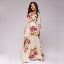 Load image into Gallery viewer, Long Printed O-Neck Lantern Sleeve Dress Women Half-Sleeve Large Hem Belt Elegant Party Dresses Bohemian Casual Ladies Dress New