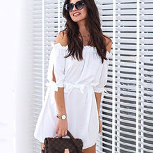 Load image into Gallery viewer, Solid Off-Shoulder Lace-Up Mini Dresses Women Summer Mid-Sleeves Milk Silk Mid-Rise Sexy Party Dress Vintage Casual New Vestidos