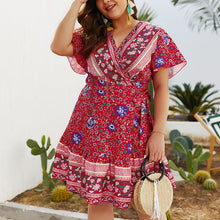 Load image into Gallery viewer, V-Neck Short-Sleeved Printed Large Size Dresses Women Summer Lace-Up Breathable Knit Elegant Dress High Quality Beach Dress New