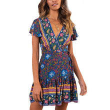 Load image into Gallery viewer, V-Neck Printed Lace-Up Short-Sleeved Mini Dresses Women Summer Ruffles Short Mid-Rise Fashion Lady Beach Dress High Quality New