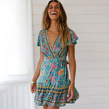 Load image into Gallery viewer, V-Neck Printed Lace-Up Short-Sleeved Mini Dresses Women Summer Ruffles Short Mid-Rise Fashion Lady Beach Dress High Quality New