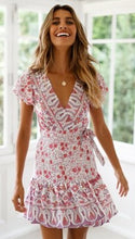 Load image into Gallery viewer, V-Neck Printed Lace-Up Short-Sleeved Mini Dresses Women Summer Ruffles Short Mid-Rise Fashion Lady Beach Dress High Quality New