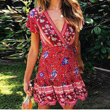 Load image into Gallery viewer, V-Neck Printed Lace-Up Short-Sleeved Mini Dresses Women Summer Ruffles Short Mid-Rise Fashion Lady Beach Dress High Quality New