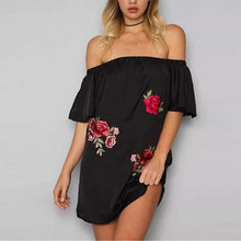 Load image into Gallery viewer, Sexy Slash Neck Ruffle Loose Print Dresses Women Strapless Casual Short Sleeves Embroidery Mini Dress Asymmetrical Summer Dress