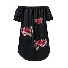 Load image into Gallery viewer, Sexy Slash Neck Ruffle Loose Print Dresses Women Strapless Casual Short Sleeves Embroidery Mini Dress Asymmetrical Summer Dress