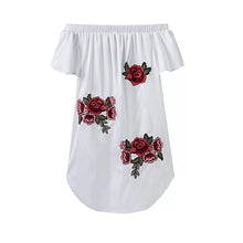 Load image into Gallery viewer, Sexy Slash Neck Ruffle Loose Print Dresses Women Strapless Casual Short Sleeves Embroidery Mini Dress Asymmetrical Summer Dress