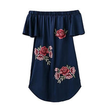 Load image into Gallery viewer, Sexy Slash Neck Ruffle Loose Print Dresses Women Strapless Casual Short Sleeves Embroidery Mini Dress Asymmetrical Summer Dress
